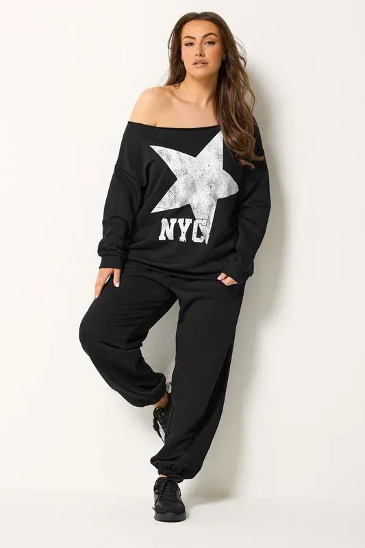 Black 'NYC' Slouch Sweatshirt & Jogger Set