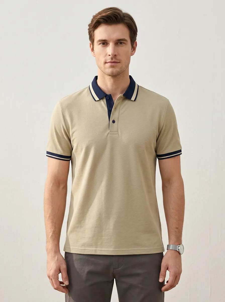 Men's Casual Khaki Navy Contrast Trim Polo Shirt