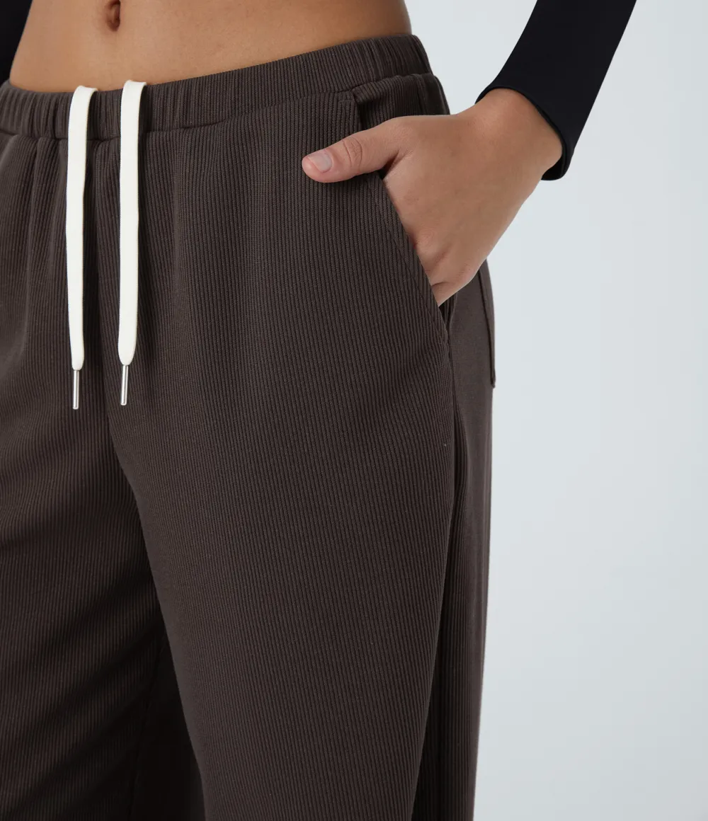 Ribbed Mid Low Rise Inside Drawstring Multiple Pockets Wide Leg Casual Pants