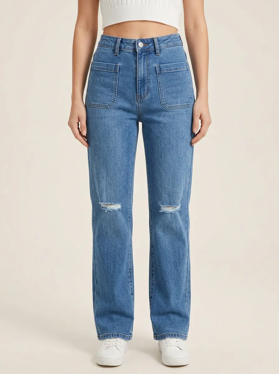 Women's Square Patch-Pocket Frayed-Knee Distressed High-Rise Straight-Leg Jeans