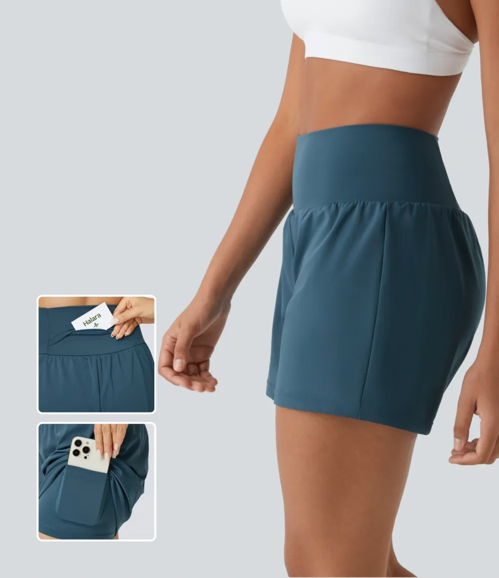Super High Waisted Back Pocket & Side Hidden Pocket 2-in-1 Yoga Shorts 5''-Longer Length