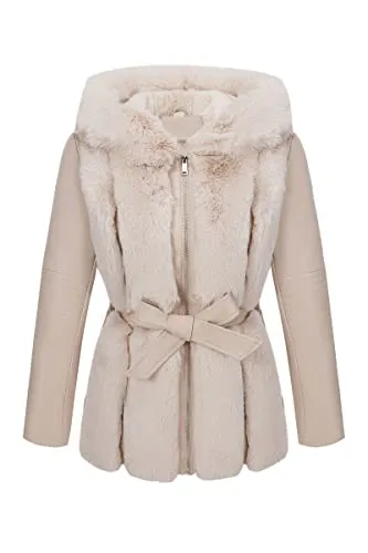 Women Faux Leather Jacket Short Belted Fall Winter Fashion Warm Casual Moto Biker Coat Shaggy Fur Hooded Outwear