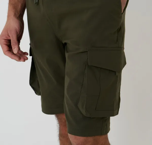 Khaki Green Elastic-Waist Stretch Cargo Shorts