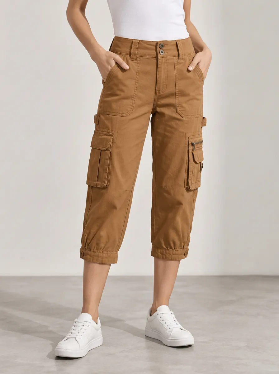 Women's Multi Pocket Outdoor Inspired Mid Rise Capri Cargo Pants
