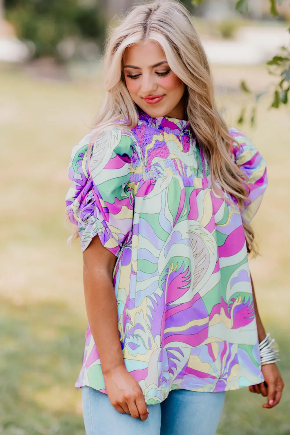 Green Abstract Print Bubble Sleeve Blouse