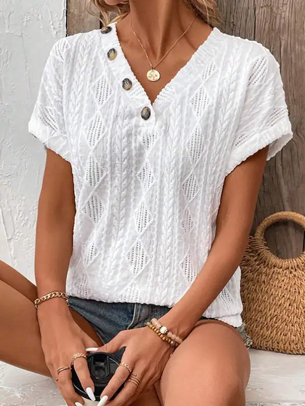 Relaxed Short Sleeve Button Detail V-Neck T-Shirt
