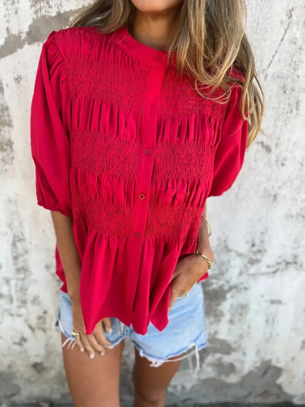 Smocked Puff-Sleeve Buttoned Blouse
