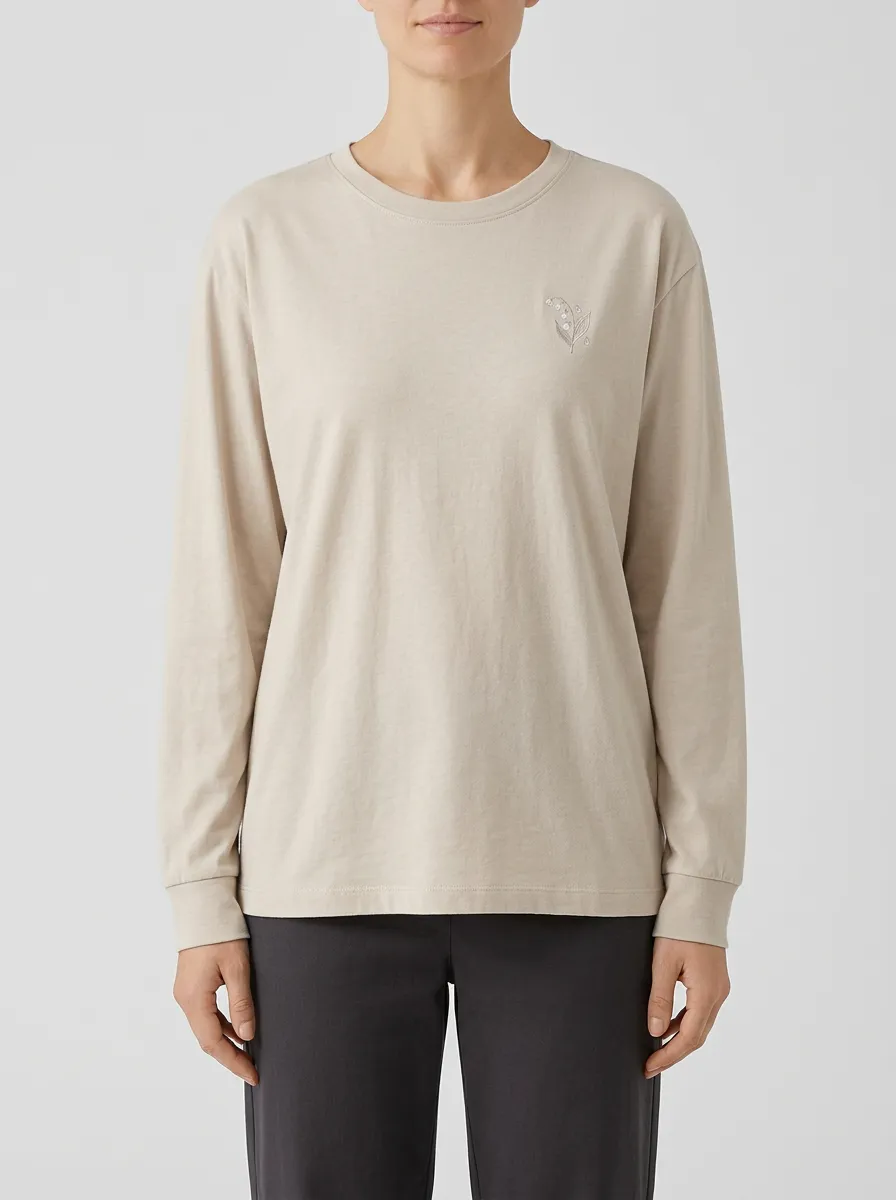 Women's Lily-of-the-Valley Floral Embroidered Long-Sleeve Crew-Neck T-Shirt