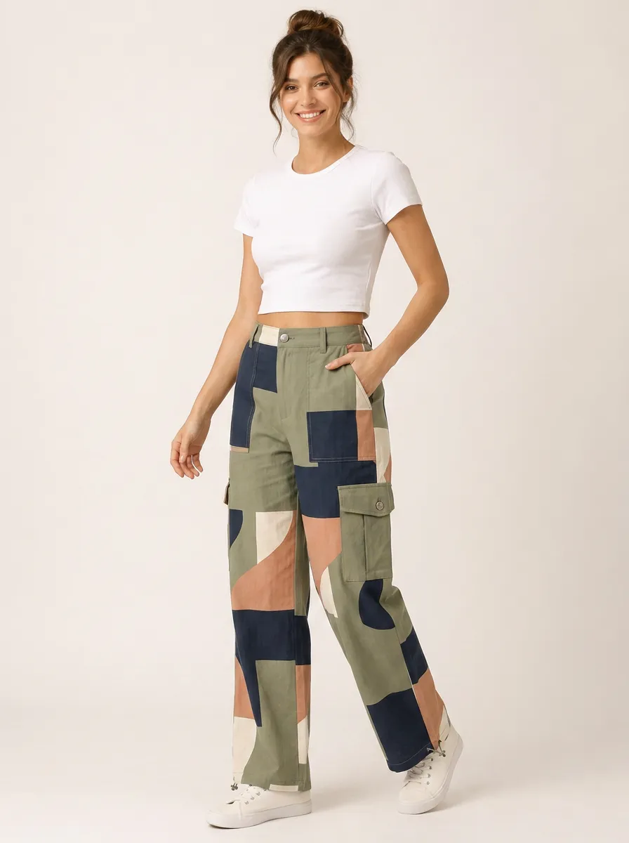 Women's Casual Geometric Patchwork Printed Cargo Pant Set
