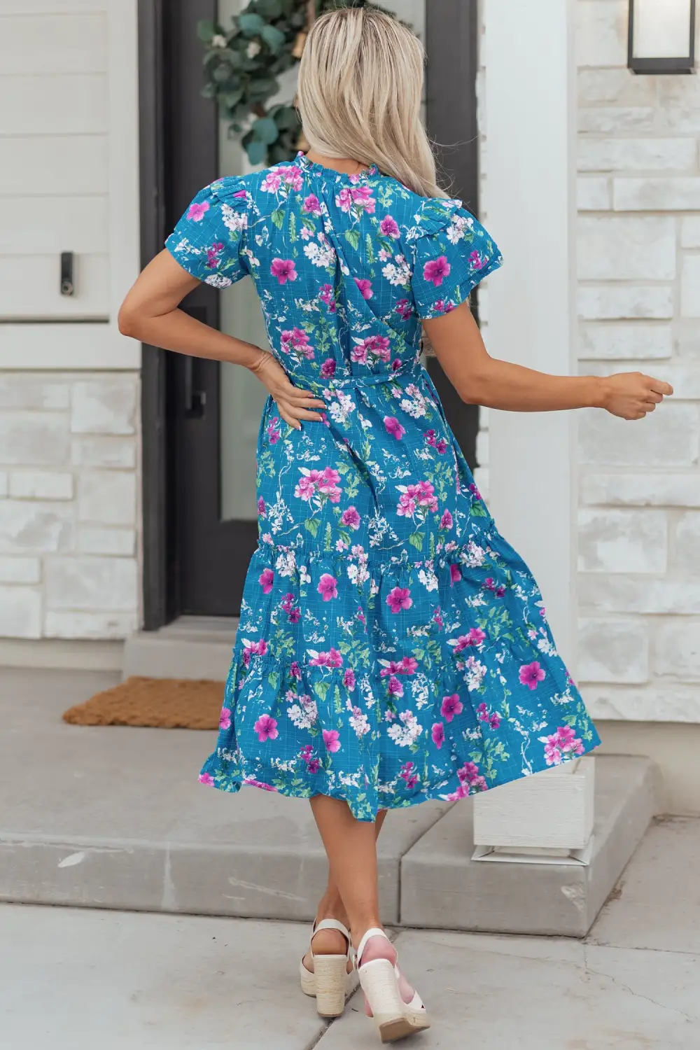 Floral Split Neck Tie Waist Dress Casual