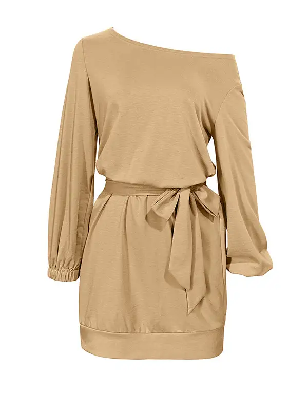 Long Sleeve Relaxed Elasticity Solid Color Tied Waist One Shoulder Mini