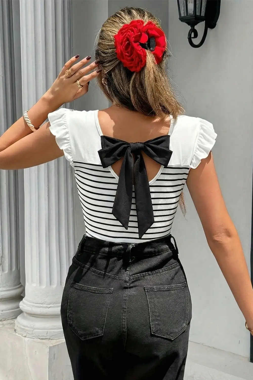 Round-Neck Knot-Back Ruffle-Trim Striped Tank Top