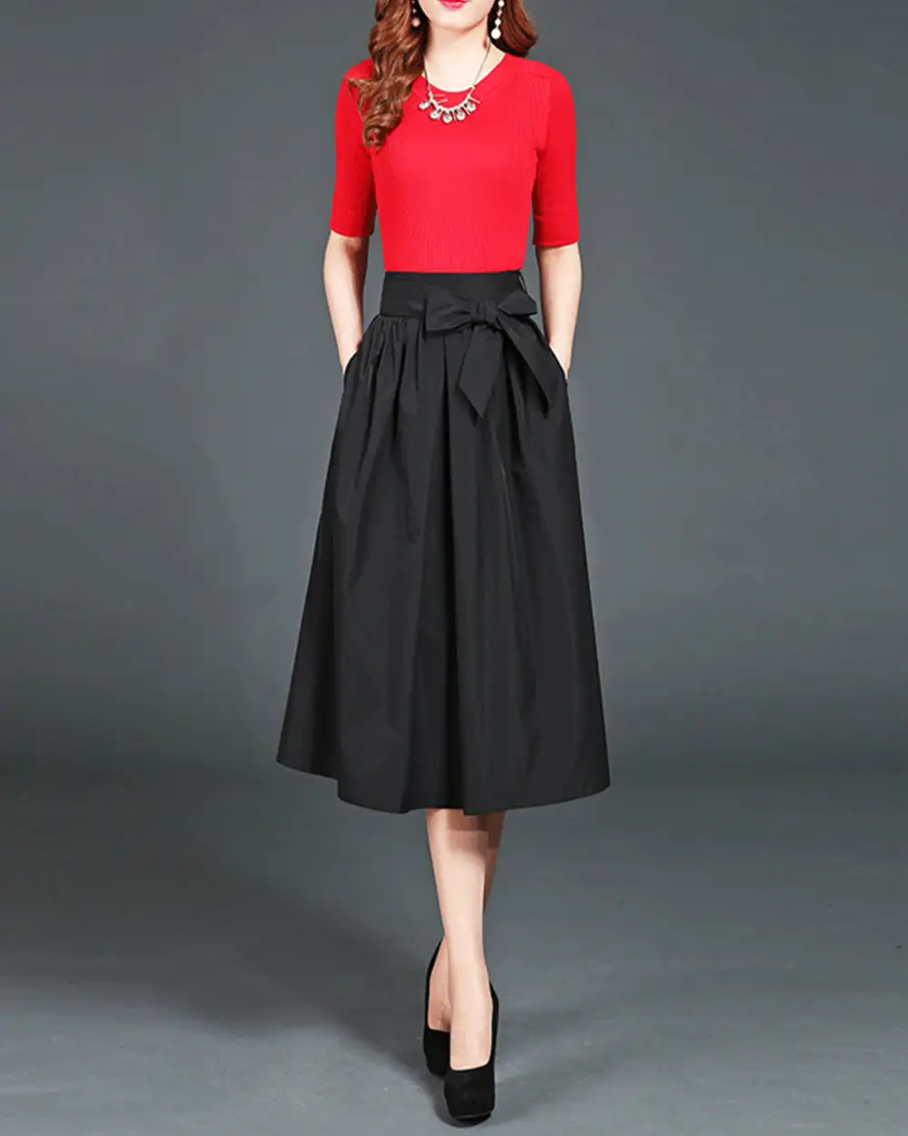 Belted Cotton A Line Midi Skirt