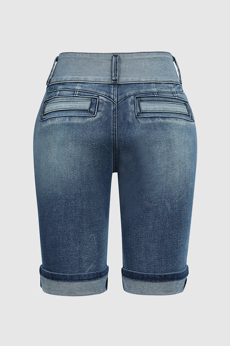 Two Tone Button Front Ripped Denim Bermuda Shorts