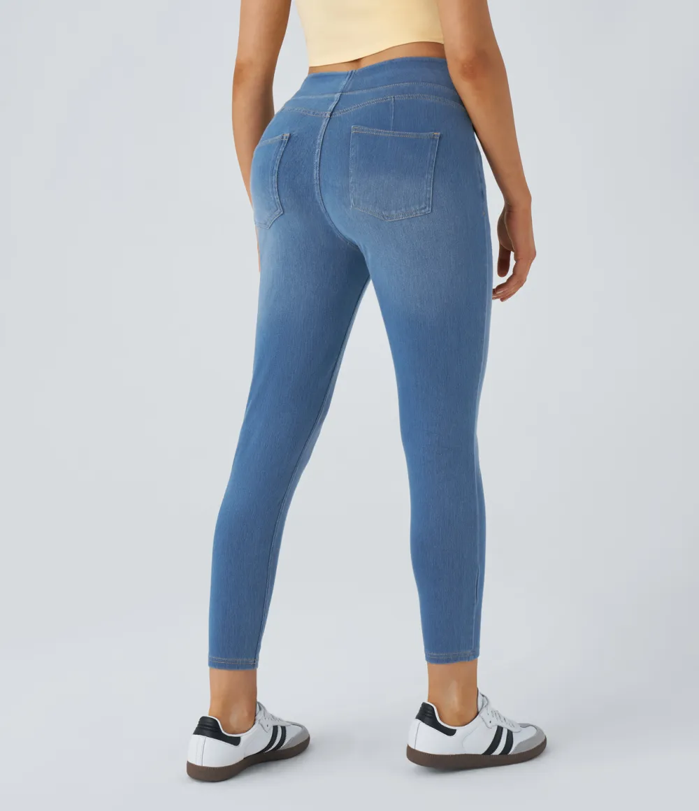 Magic Curvy High Waisted Decorative Button Multiple Pockets Washed Stretchy Knit Casual 7/8 Jeans