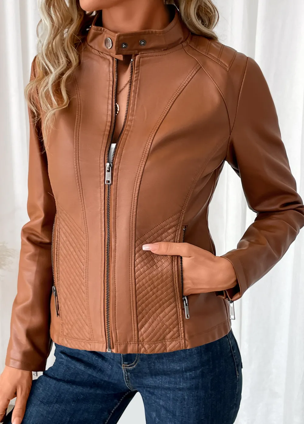 Dark Camel Pocket Long Sleeve High Neck Coat