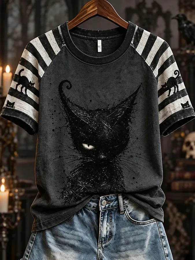Women'S Autumn Halloween Black Cat Art Printed T-Shirt