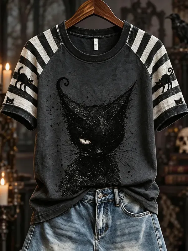 Women'S Autumn Halloween Black Cat Art Printed T-Shirt
