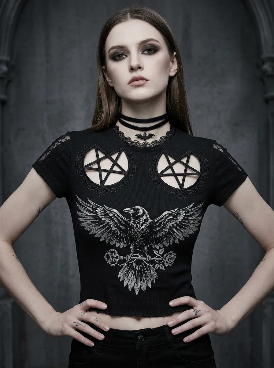 Underground Pentagram Raven Victorian Look Women's Gothic T-Shirt