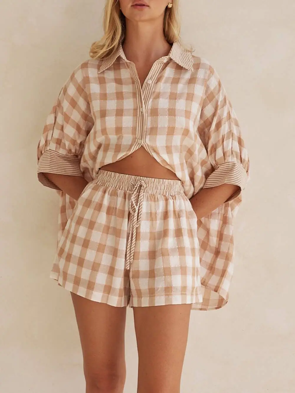 Checkered Print Drawstring Elastic Waistband Pocket Shorts