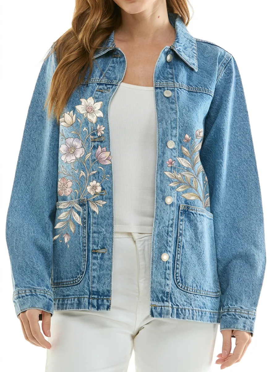Women's Sleeve Detail Floral Lover Vintage Botanical Denim Jacket