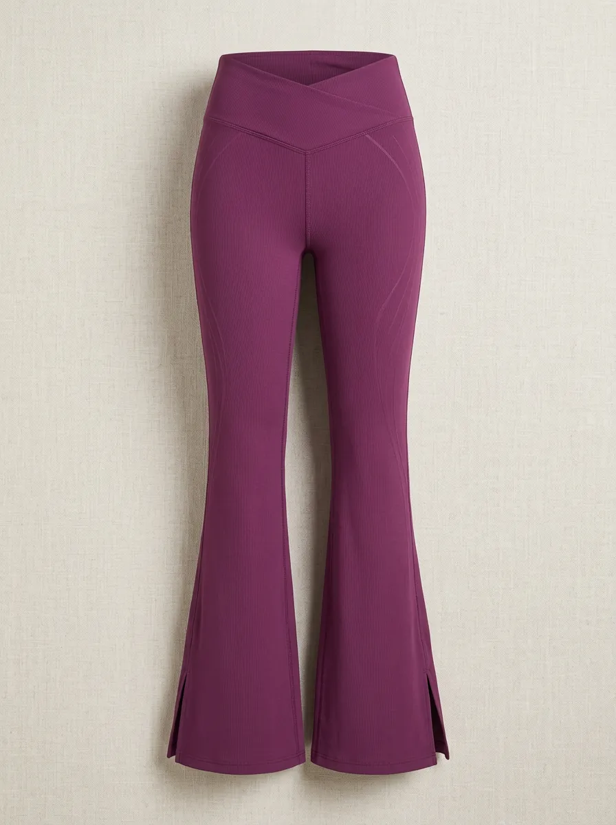 Women's Yoga Fitness Purple Ribbed V-Waist Split Hem Leggings