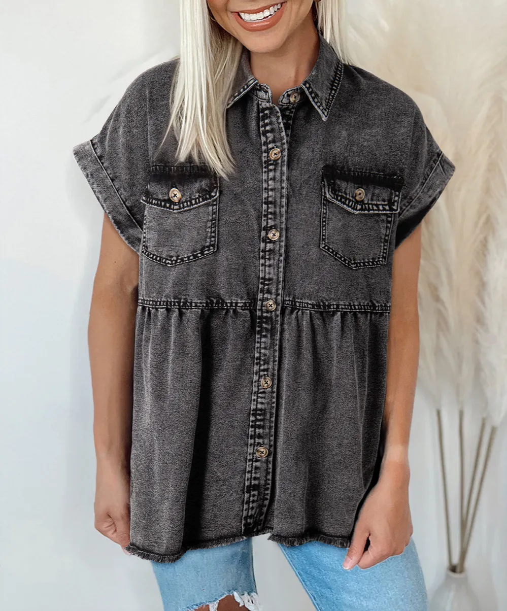 Button Front Short Sleeve Raw Hem Shirt Blouse