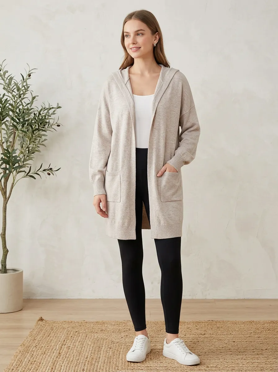 Women's Hooded Open-Front Knit Cardigan Hooded