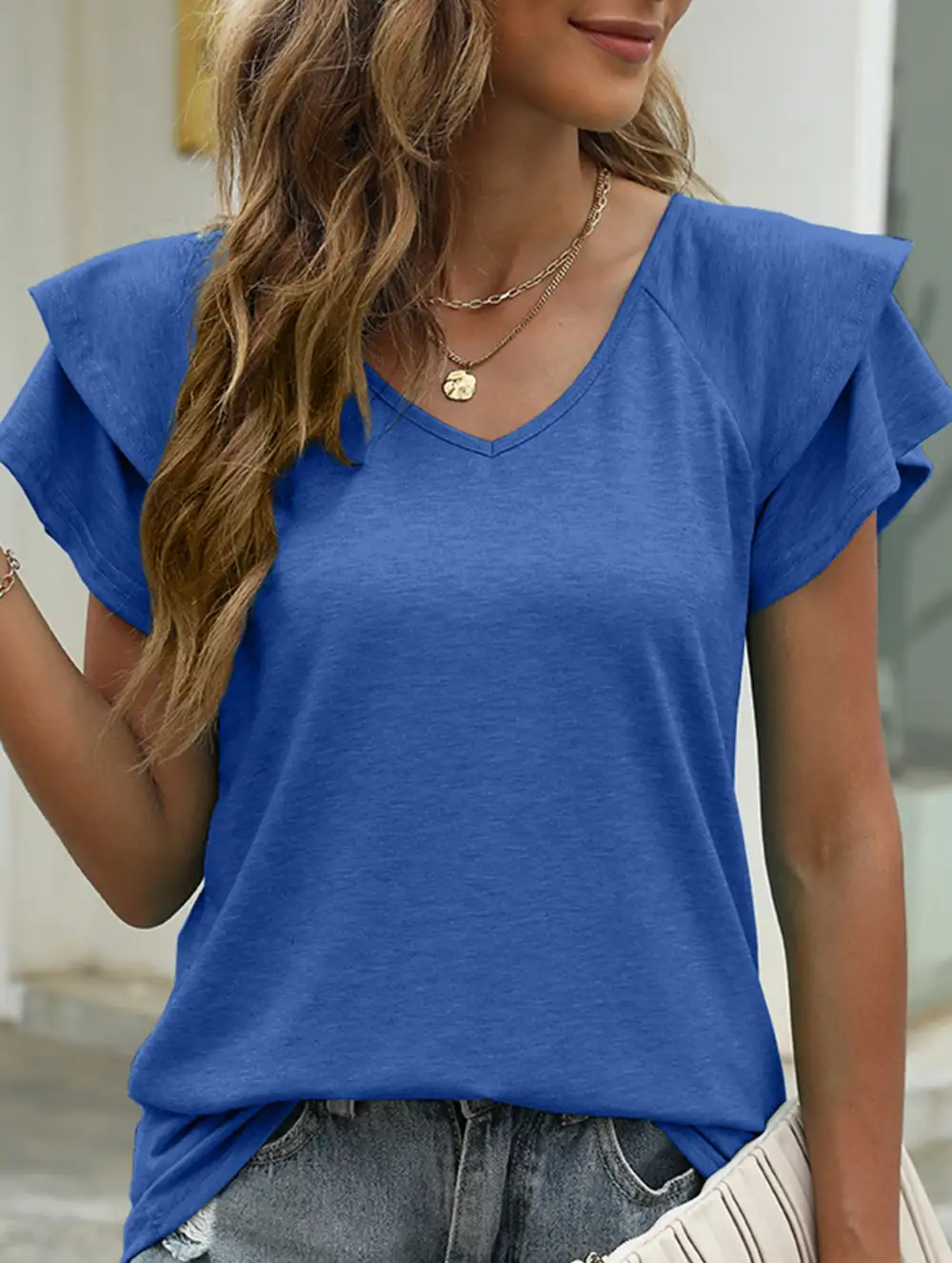 V Neck Double Layer Ruffle Sleeve Tank Top