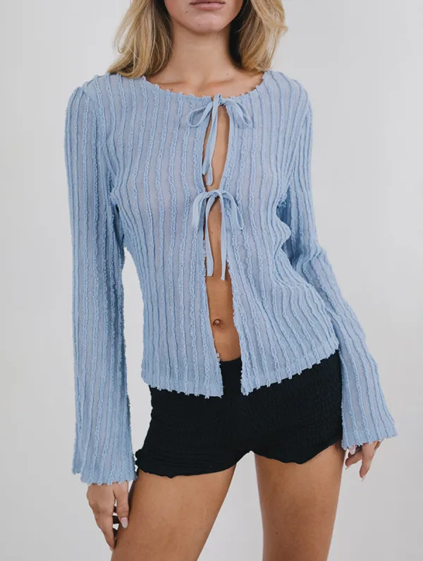 Tie Front Cardi In Crinkle Blue