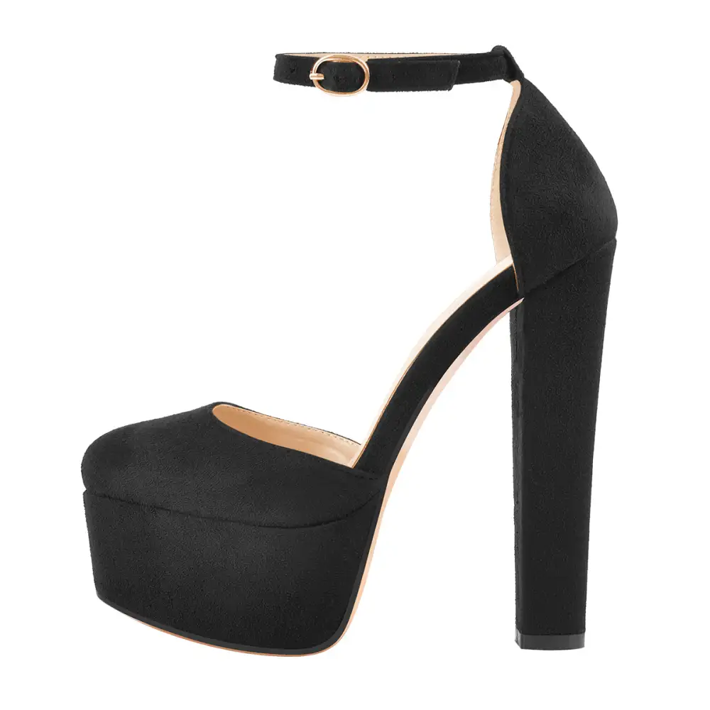 Suede Finish Round Toe Platform Chunky Heel Pumps