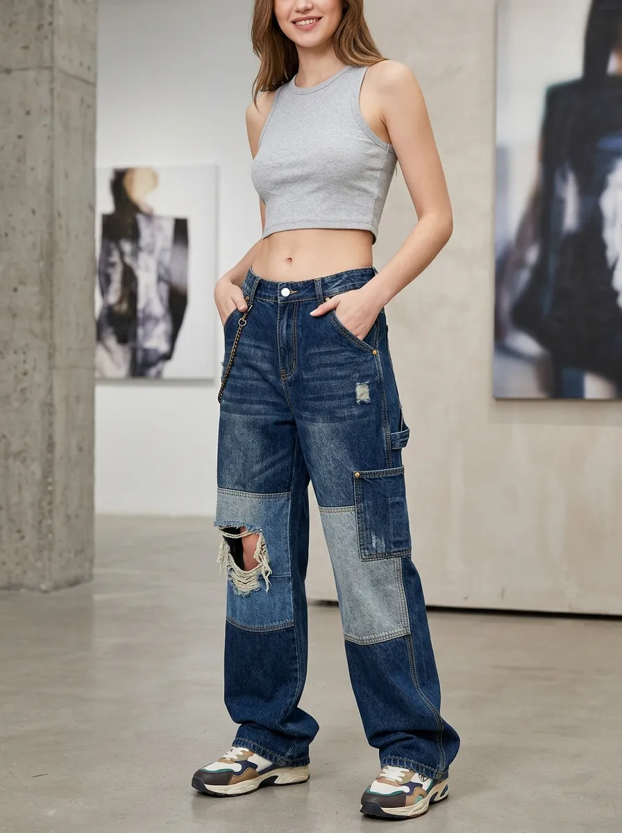 Women's Y2K Streetwear Distressed Patchwork Denim Cargo Pants
