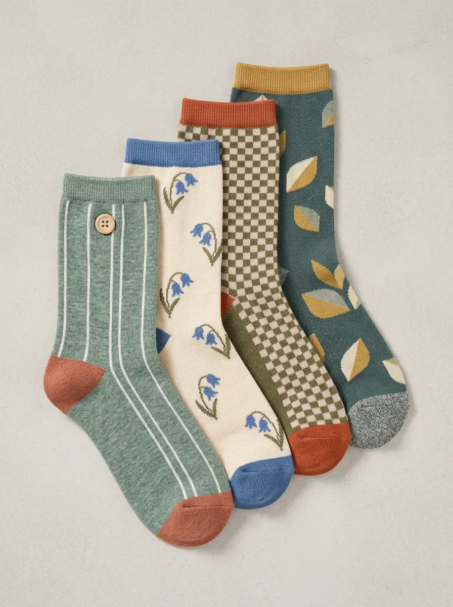 Classic Floral Striped Vintage Four-Pair Casual Socks