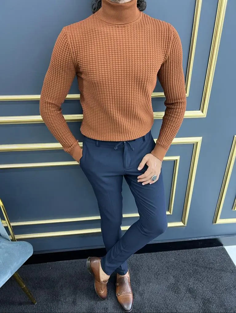 Modern Slim Fit Textured Cotton Turtleneck Sweater