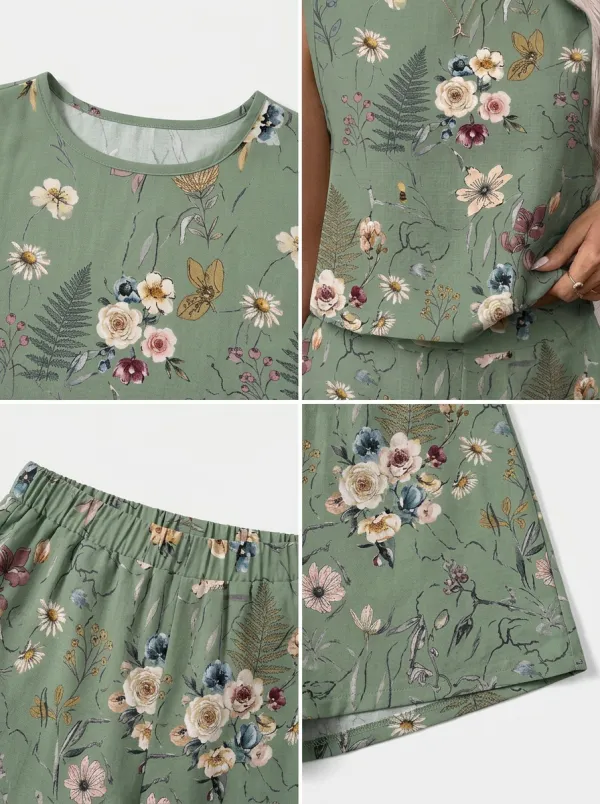 Women's Botanical Garden Floral Printed Sleeveless Shorts Set