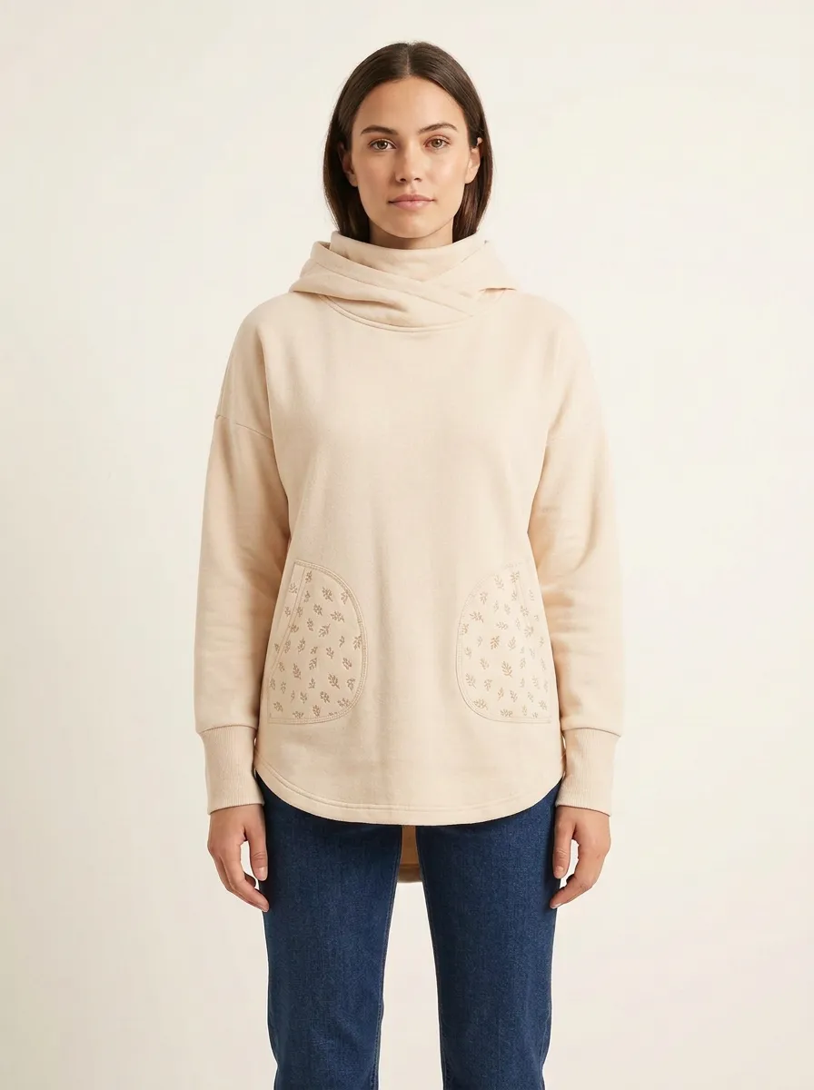 Women's Leaf-Pattern Rounded-Pocket Funnel-Neck High-Low Hoodie