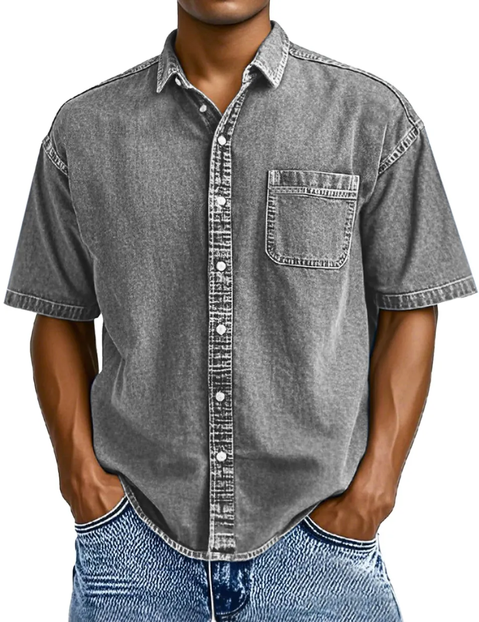 Short Sleeve Open Collar Button Front Shirt