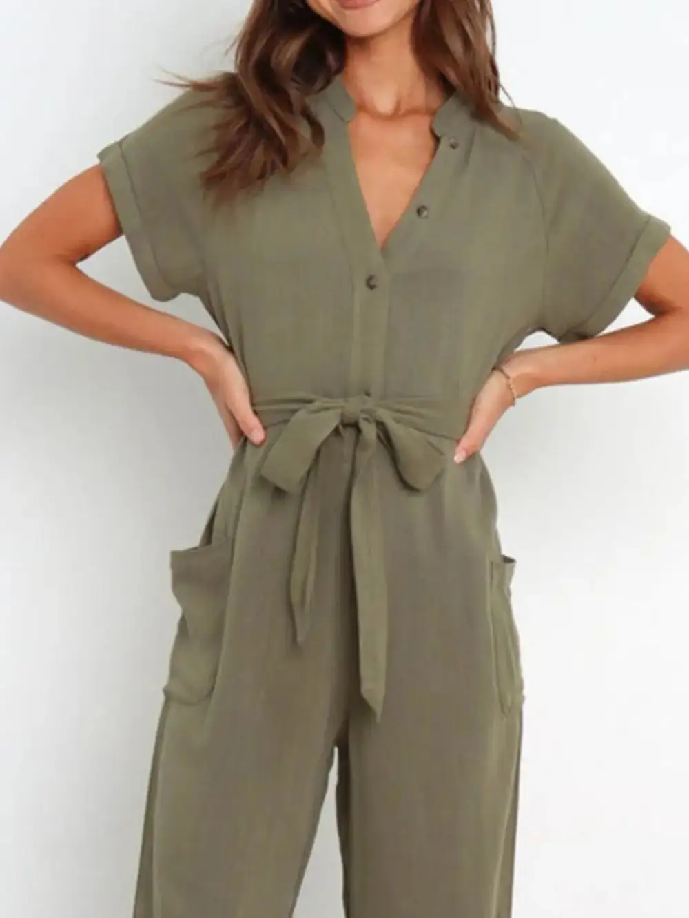 Notched Short Sleeve Tie Waist Jumpsuit Shorts