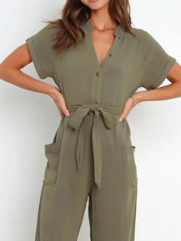 Notched Short Sleeve Tie Waist Jumpsuit Shorts