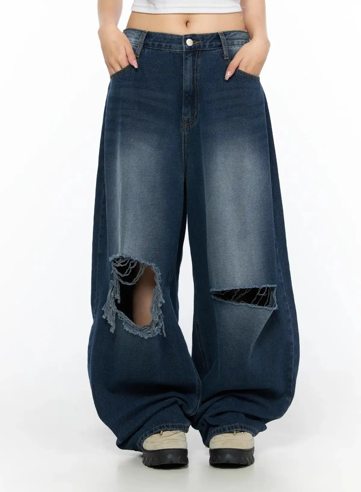Wide-Fit Distressed Wide Leg Jeans