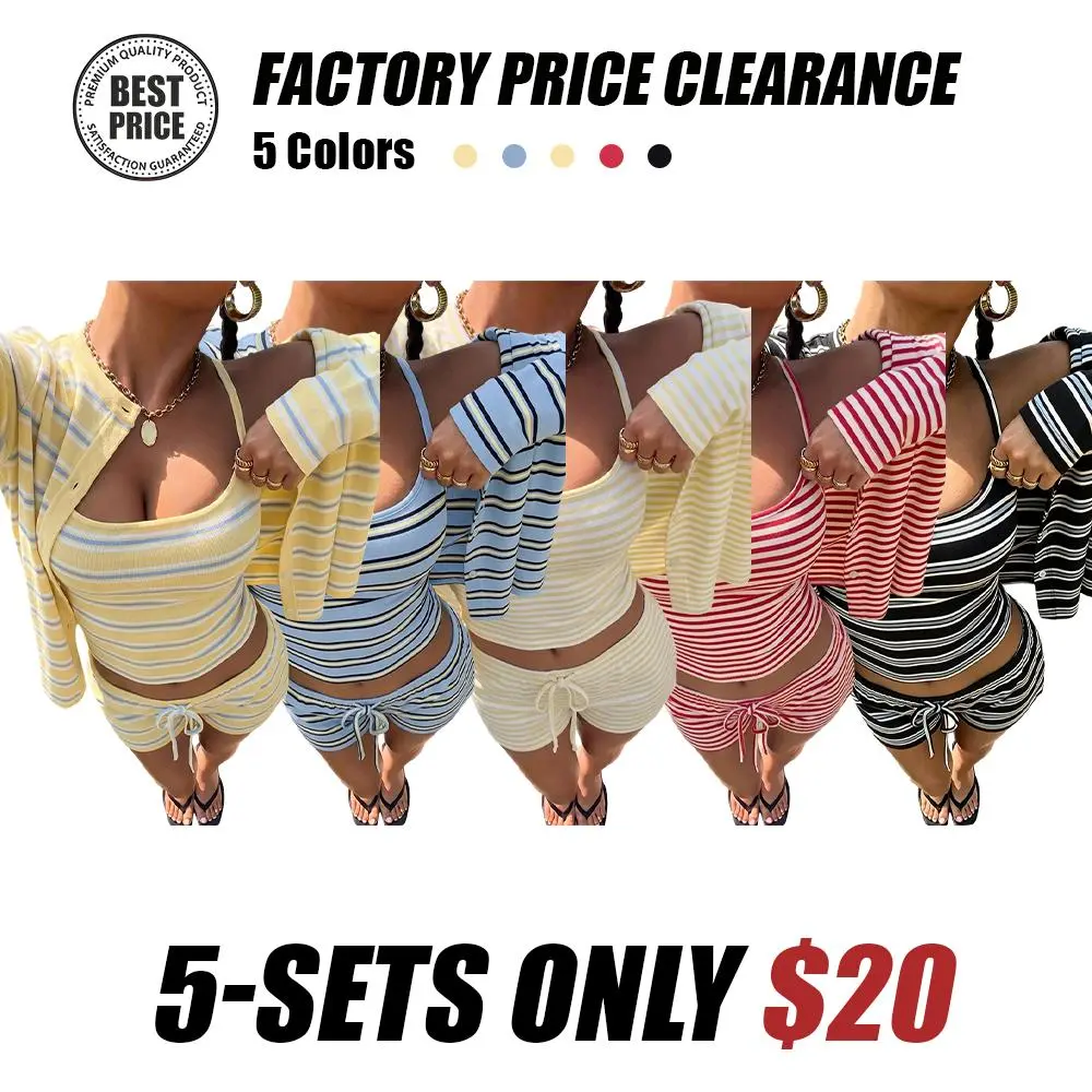 Striped Knit Women's Casual Striped Tank Top Jacket Shorts Set