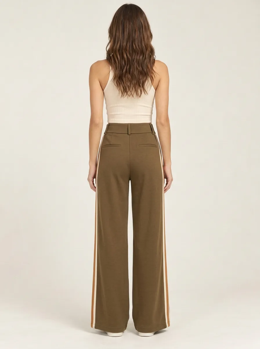 Women's High-Rise Double-Pleat Contrast-Stripe Wide-Leg Trousers