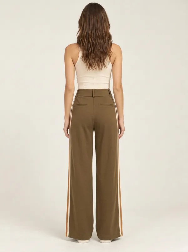 Women's High-Rise Double-Pleat Contrast-Stripe Wide-Leg Trousers