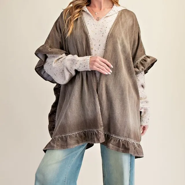 Classic Open Front Chambray Star Patch Ruffle Detail Cardigan