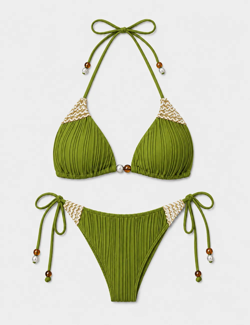 Ribbed Beaded Halter Triangle Two Piece Bikini Set