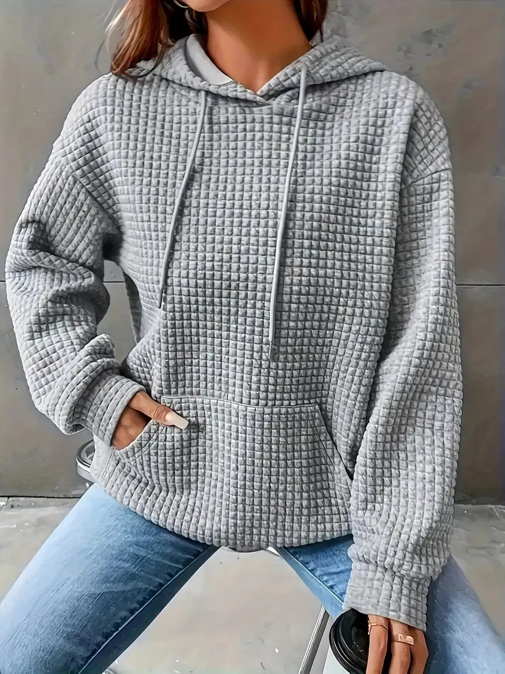 Drawstring Pocketed Textured Knit Hoodie