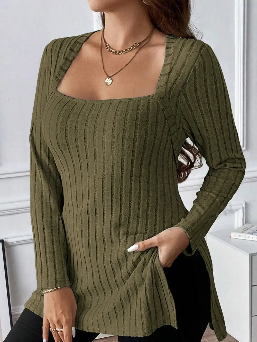 Ribbed Brushed Square Neck Long Sleeve Top