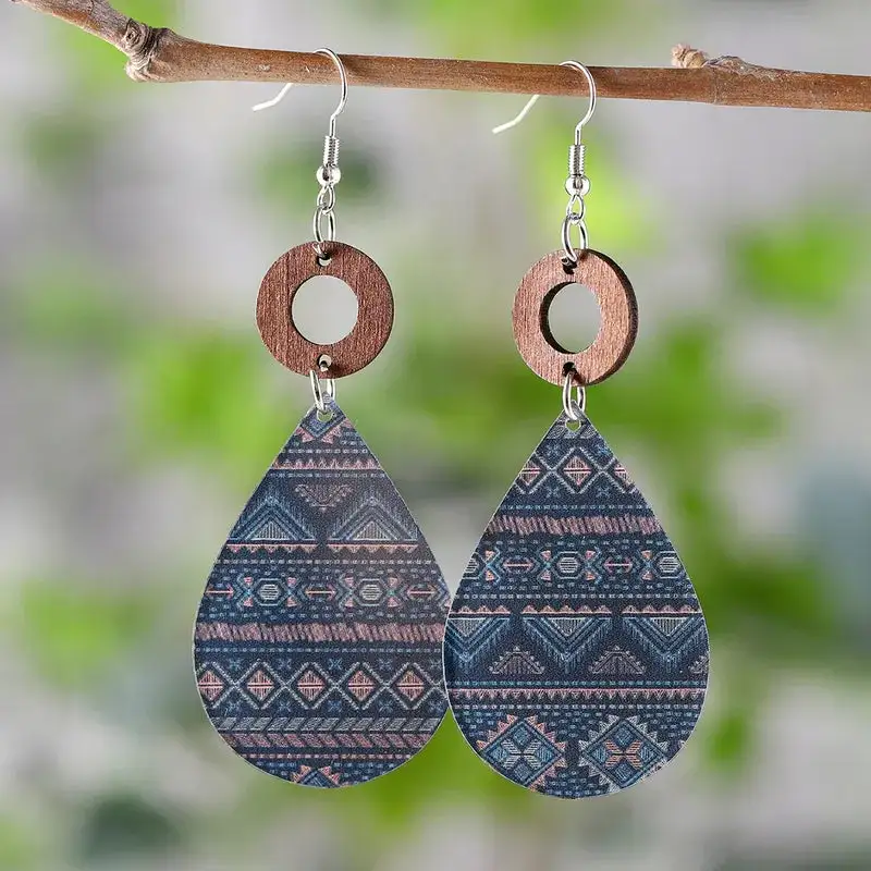 Wooden Acrylic Geometric Teardrop Earrings