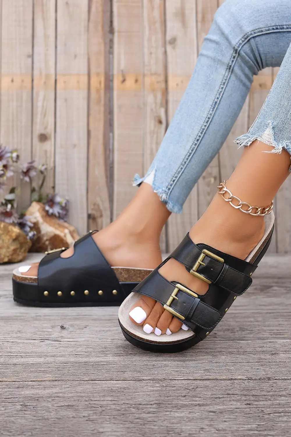 Dual Buckle Studded Platform Sandals Slide Slippers Everyday