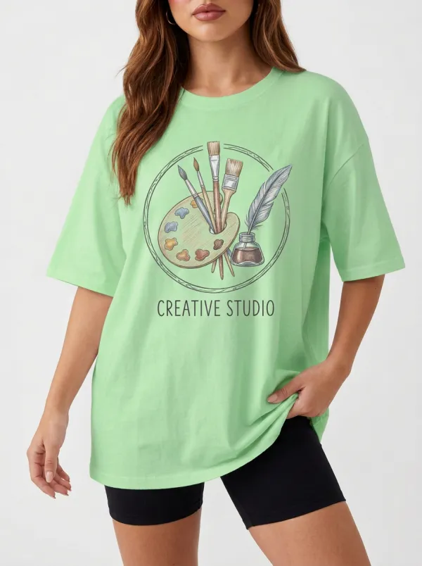 Women's Artist Creative Studio Paintbrush Palette Printed T-Shirt